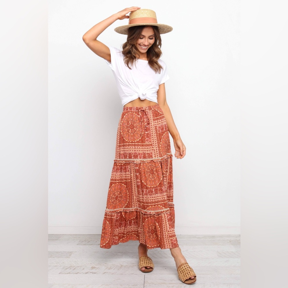 Petal + Pup Boho Ruffle Tiered Elastic Waist Maxi Skirt Size 2
